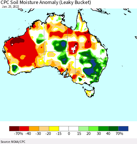 Australia CPC Soil Moisture Anomaly (Leaky Bucket) Thematic Map For 1/21/2022 - 1/25/2022