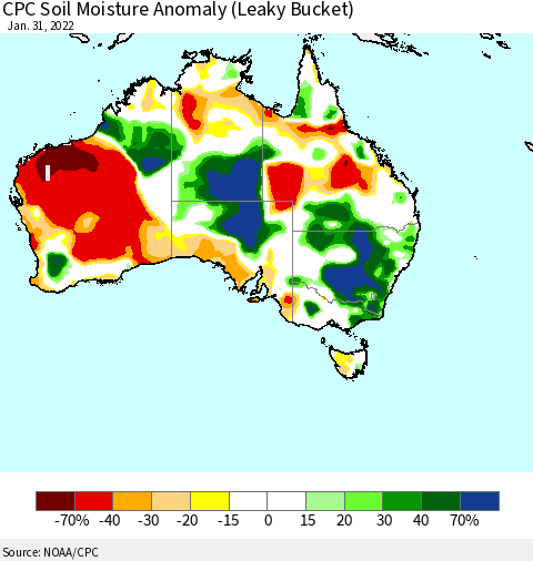 Australia CPC Soil Moisture Anomaly (Leaky Bucket) Thematic Map For 1/26/2022 - 1/31/2022