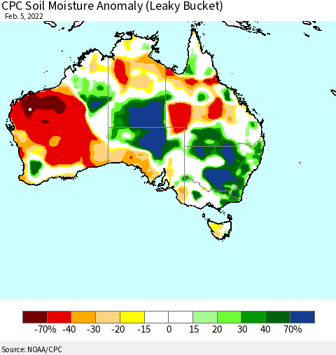 Australia CPC Soil Moisture Anomaly (Leaky Bucket) Thematic Map For 2/1/2022 - 2/5/2022