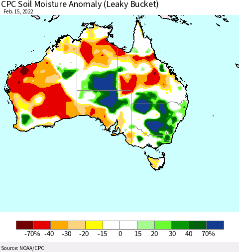 Australia CPC Soil Moisture Anomaly (Leaky Bucket) Thematic Map For 2/11/2022 - 2/15/2022