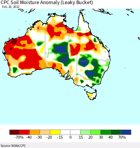 Australia CPC Soil Moisture Anomaly (Leaky Bucket) Thematic Map For 2/16/2022 - 2/20/2022