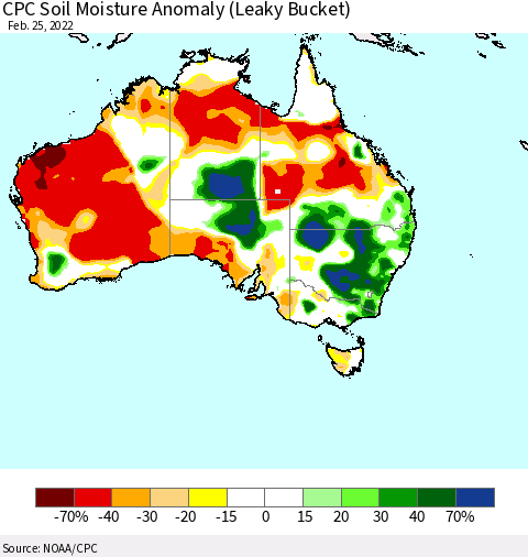 Australia CPC Soil Moisture Anomaly (Leaky Bucket) Thematic Map For 2/21/2022 - 2/25/2022