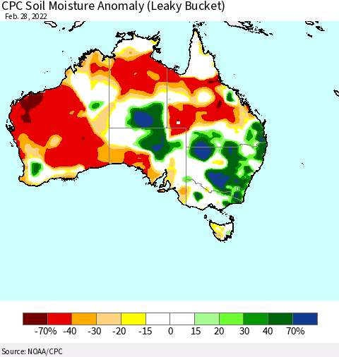 Australia CPC Soil Moisture Anomaly (Leaky Bucket) Thematic Map For 2/26/2022 - 2/28/2022