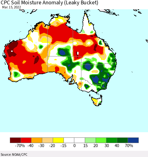 Australia CPC Soil Moisture Anomaly (Leaky Bucket) Thematic Map For 3/11/2022 - 3/15/2022