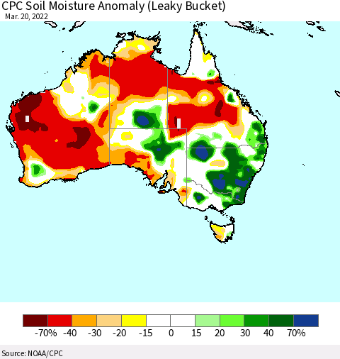 Australia CPC Soil Moisture Anomaly (Leaky Bucket) Thematic Map For 3/16/2022 - 3/20/2022