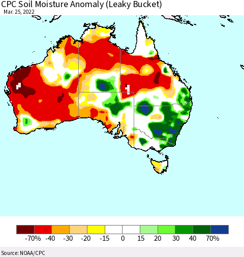 Australia CPC Soil Moisture Anomaly (Leaky Bucket) Thematic Map For 3/21/2022 - 3/25/2022