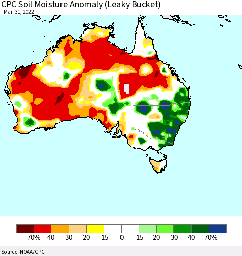 Australia CPC Soil Moisture Anomaly (Leaky Bucket) Thematic Map For 3/26/2022 - 3/31/2022