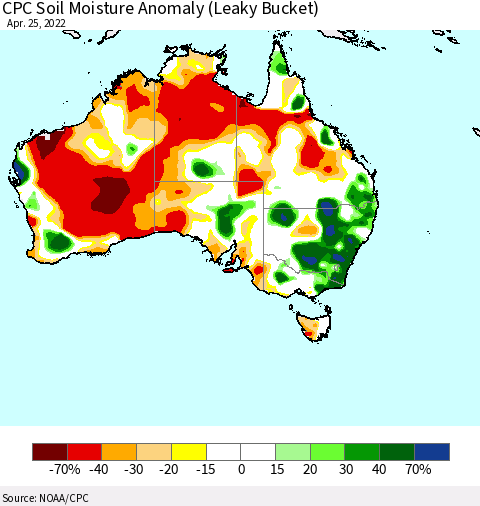 Australia CPC Soil Moisture Anomaly (Leaky Bucket) Thematic Map For 4/21/2022 - 4/25/2022