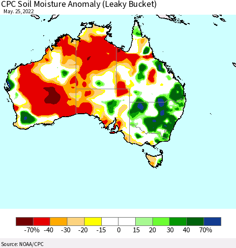 Australia CPC Soil Moisture Anomaly (Leaky Bucket) Thematic Map For 5/21/2022 - 5/25/2022