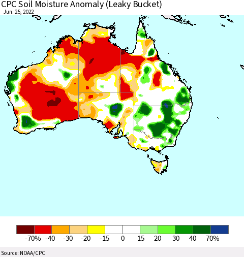 Australia CPC Soil Moisture Anomaly (Leaky Bucket) Thematic Map For 6/21/2022 - 6/25/2022