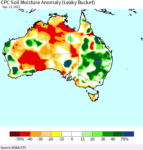Australia CPC Soil Moisture Anomaly (Leaky Bucket) Thematic Map For 9/11/2022 - 9/15/2022