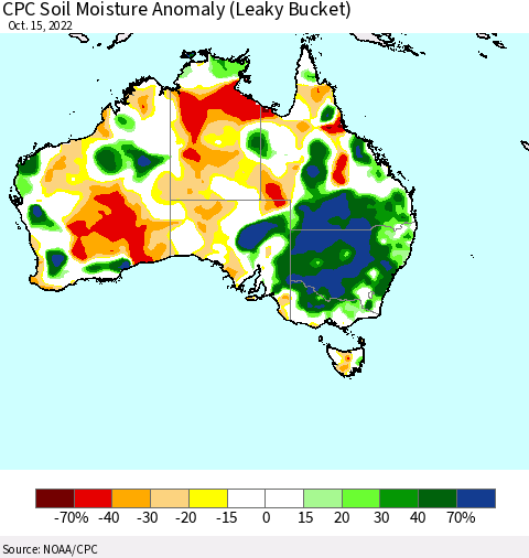 Australia CPC Soil Moisture Anomaly (Leaky Bucket) Thematic Map For 10/11/2022 - 10/15/2022