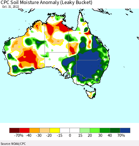 Australia CPC Soil Moisture Anomaly (Leaky Bucket) Thematic Map For 10/26/2022 - 10/31/2022