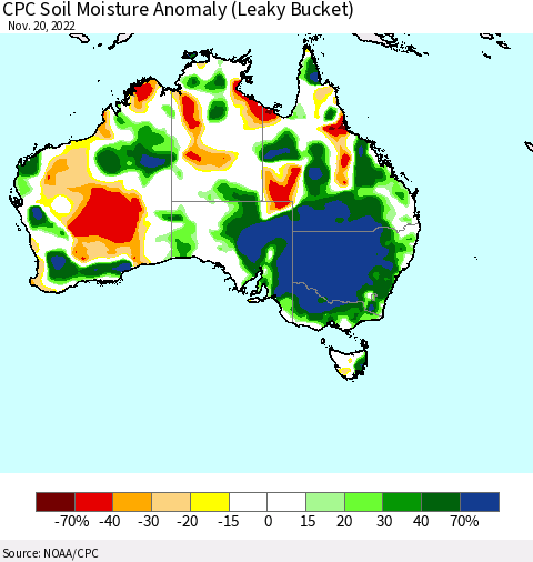 Australia CPC Soil Moisture Anomaly (Leaky Bucket) Thematic Map For 11/16/2022 - 11/20/2022