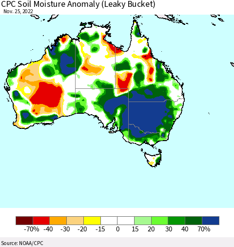 Australia CPC Soil Moisture Anomaly (Leaky Bucket) Thematic Map For 11/21/2022 - 11/25/2022
