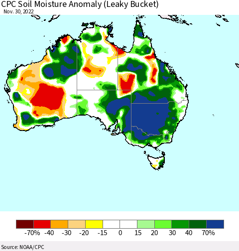 Australia CPC Soil Moisture Anomaly (Leaky Bucket) Thematic Map For 11/26/2022 - 11/30/2022