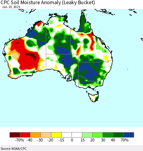 Australia CPC Soil Moisture Anomaly (Leaky Bucket) Thematic Map For 1/6/2023 - 1/10/2023