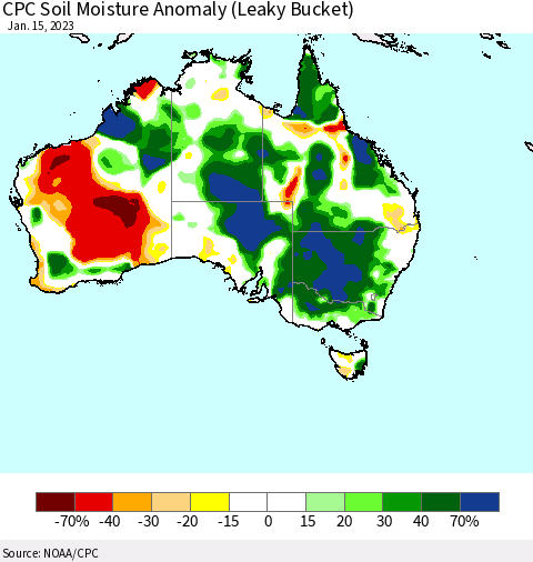Australia CPC Soil Moisture Anomaly (Leaky Bucket) Thematic Map For 1/11/2023 - 1/15/2023
