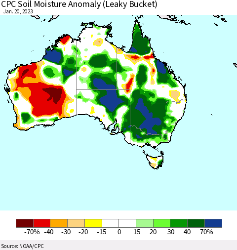Australia CPC Soil Moisture Anomaly (Leaky Bucket) Thematic Map For 1/16/2023 - 1/20/2023
