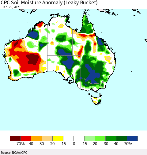Australia CPC Soil Moisture Anomaly (Leaky Bucket) Thematic Map For 1/21/2023 - 1/25/2023