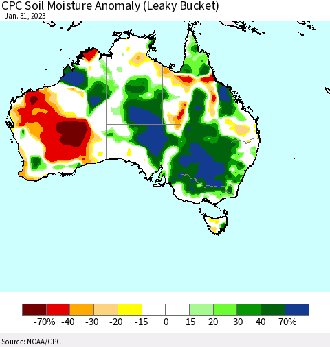 Australia CPC Soil Moisture Anomaly (Leaky Bucket) Thematic Map For 1/26/2023 - 1/31/2023