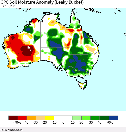 Australia CPC Soil Moisture Anomaly (Leaky Bucket) Thematic Map For 2/1/2023 - 2/5/2023