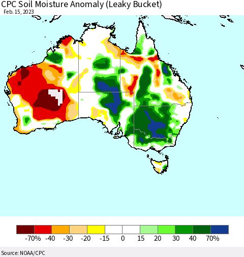 Australia CPC Soil Moisture Anomaly (Leaky Bucket) Thematic Map For 2/11/2023 - 2/15/2023