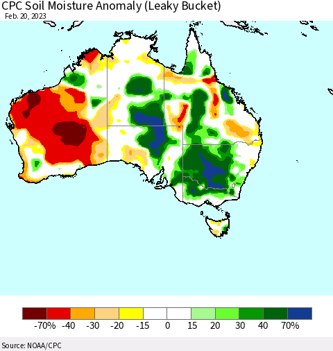 Australia CPC Soil Moisture Anomaly (Leaky Bucket) Thematic Map For 2/16/2023 - 2/20/2023