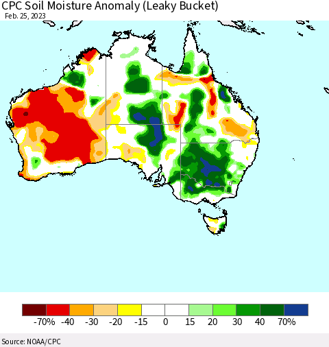 Australia CPC Soil Moisture Anomaly (Leaky Bucket) Thematic Map For 2/21/2023 - 2/25/2023