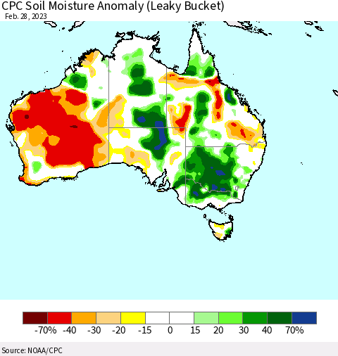 Australia CPC Soil Moisture Anomaly (Leaky Bucket) Thematic Map For 2/26/2023 - 2/28/2023