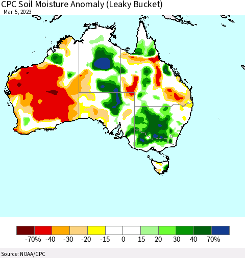 Australia CPC Soil Moisture Anomaly (Leaky Bucket) Thematic Map For 3/1/2023 - 3/5/2023