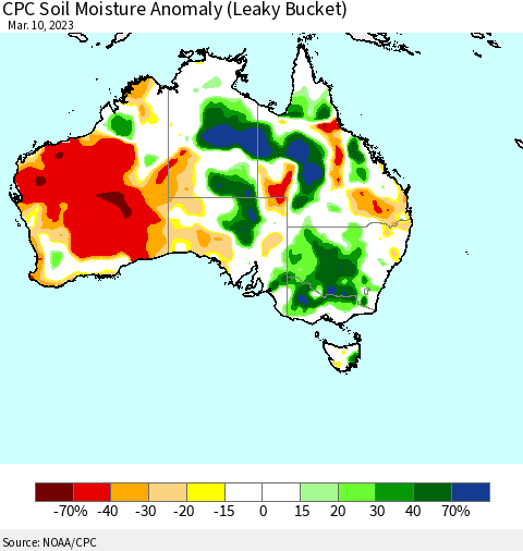 Australia CPC Soil Moisture Anomaly (Leaky Bucket) Thematic Map For 3/6/2023 - 3/10/2023