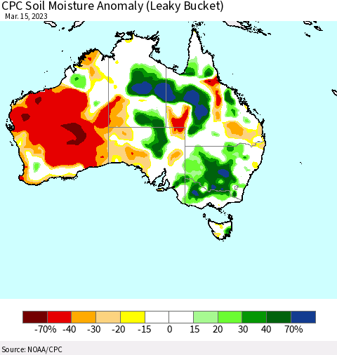Australia CPC Soil Moisture Anomaly (Leaky Bucket) Thematic Map For 3/11/2023 - 3/15/2023