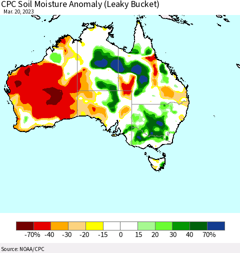 Australia CPC Soil Moisture Anomaly (Leaky Bucket) Thematic Map For 3/16/2023 - 3/20/2023