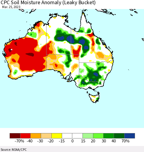 Australia CPC Soil Moisture Anomaly (Leaky Bucket) Thematic Map For 3/21/2023 - 3/25/2023