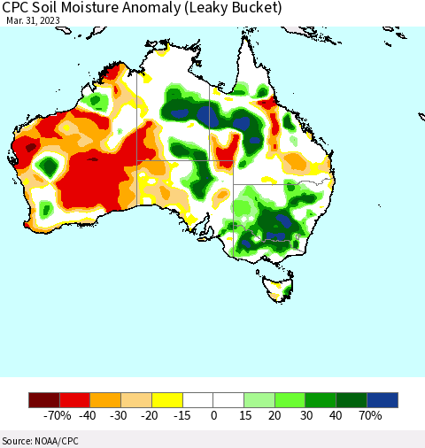 Australia CPC Soil Moisture Anomaly (Leaky Bucket) Thematic Map For 3/26/2023 - 3/31/2023