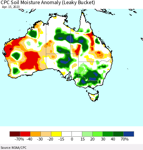 Australia CPC Soil Moisture Anomaly (Leaky Bucket) Thematic Map For 4/11/2023 - 4/15/2023