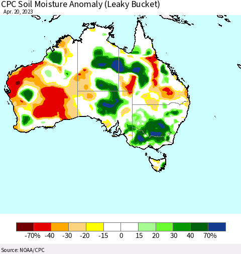 Australia CPC Soil Moisture Anomaly (Leaky Bucket) Thematic Map For 4/16/2023 - 4/20/2023