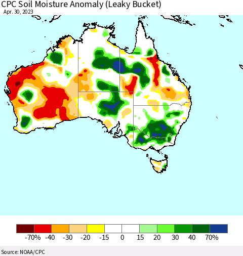 Australia CPC Soil Moisture Anomaly (Leaky Bucket) Thematic Map For 4/26/2023 - 4/30/2023