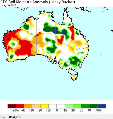 Australia CPC Soil Moisture Anomaly (Leaky Bucket) Thematic Map For 5/16/2023 - 5/20/2023