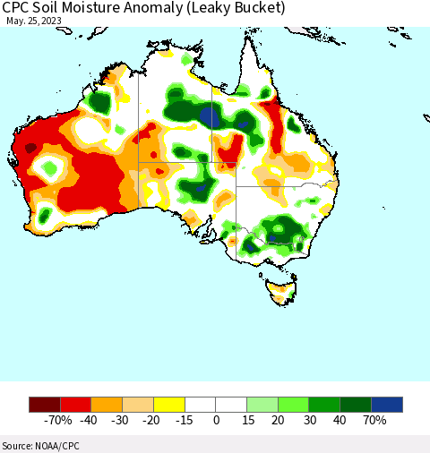 Australia CPC Soil Moisture Anomaly (Leaky Bucket) Thematic Map For 5/21/2023 - 5/25/2023