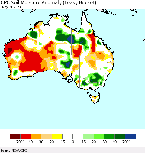 Australia CPC Soil Moisture Anomaly (Leaky Bucket) Thematic Map For 5/26/2023 - 5/31/2023