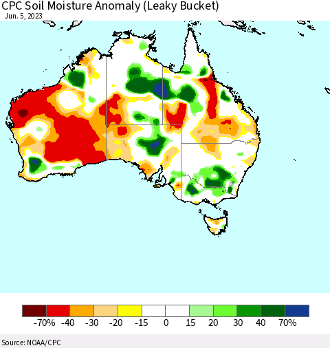 Australia CPC Soil Moisture Anomaly (Leaky Bucket) Thematic Map For 6/1/2023 - 6/5/2023