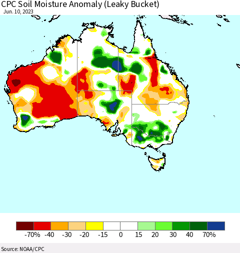 Australia CPC Soil Moisture Anomaly (Leaky Bucket) Thematic Map For 6/6/2023 - 6/10/2023