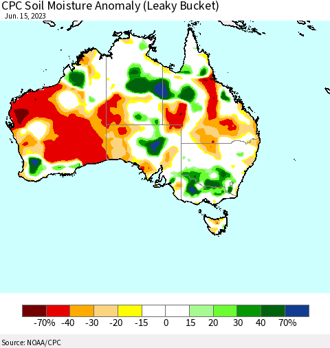 Australia CPC Soil Moisture Anomaly (Leaky Bucket) Thematic Map For 6/11/2023 - 6/15/2023