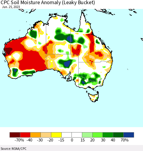 Australia CPC Soil Moisture Anomaly (Leaky Bucket) Thematic Map For 6/21/2023 - 6/25/2023