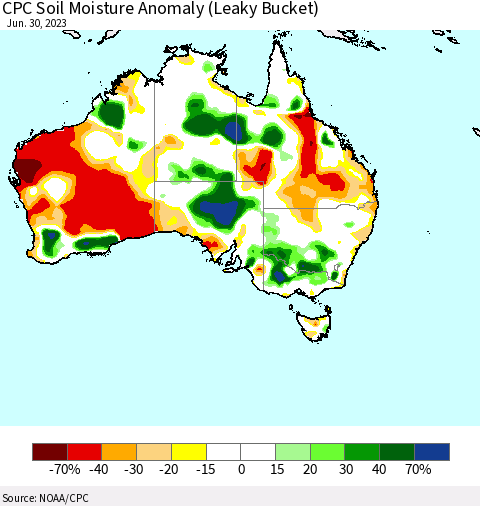 Australia CPC Soil Moisture Anomaly (Leaky Bucket) Thematic Map For 6/26/2023 - 6/30/2023