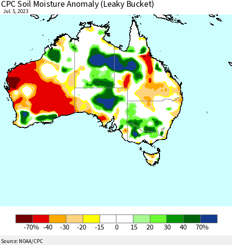 Australia CPC Soil Moisture Anomaly (Leaky Bucket) Thematic Map For 7/1/2023 - 7/5/2023