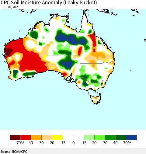 Australia CPC Soil Moisture Anomaly (Leaky Bucket) Thematic Map For 7/6/2023 - 7/10/2023