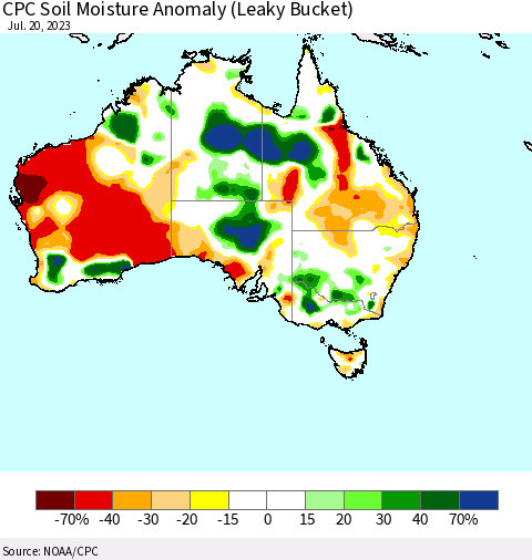 Australia CPC Soil Moisture Anomaly (Leaky Bucket) Thematic Map For 7/16/2023 - 7/20/2023